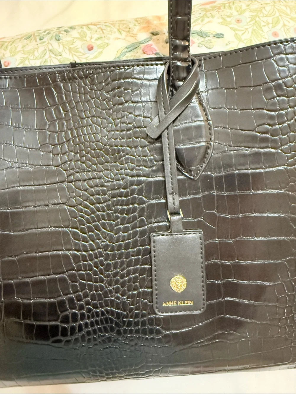 Anne Klein Black Croc-Embossed Leather Tote